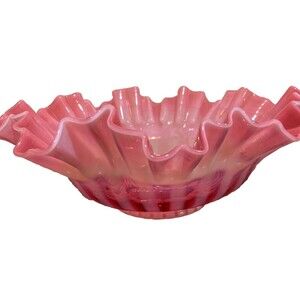 FENTON Cranberry Opalescent Striped Rose Overlay Ruffled Art Brides Bowl